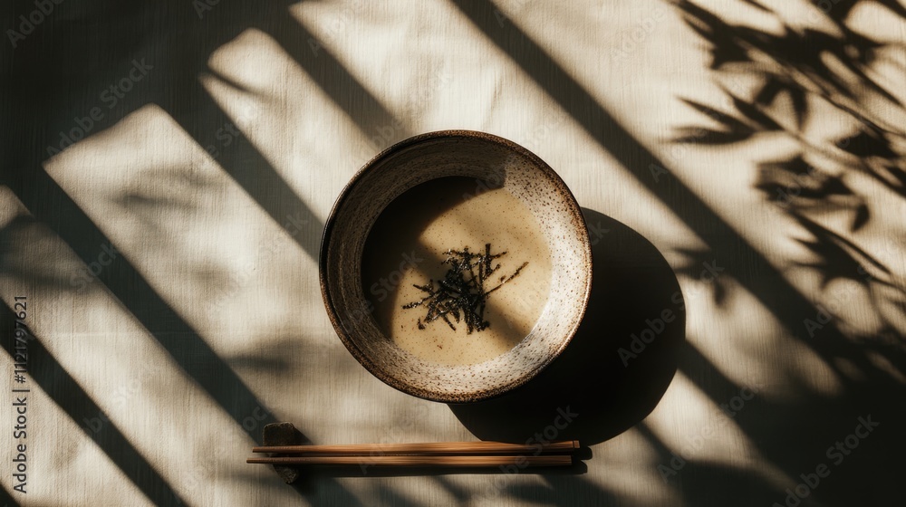 Aufkleber Top view of a ceramic bowl of ramen with chopsticks on a textured surface highlighting shadows and natural light elements