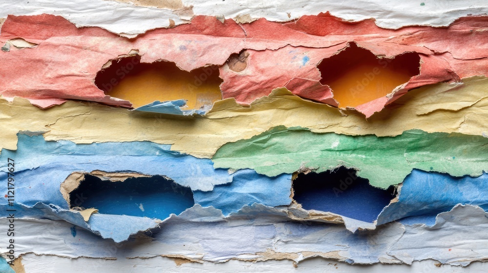 Poster colorful torn paper with holes showing underlying layers in various shades textured background for c