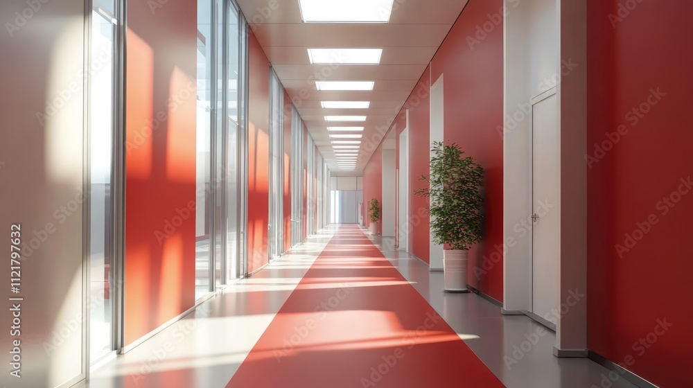 Poster bright modern office corridor with red walls and natural light creating an inviting atmosphere for a