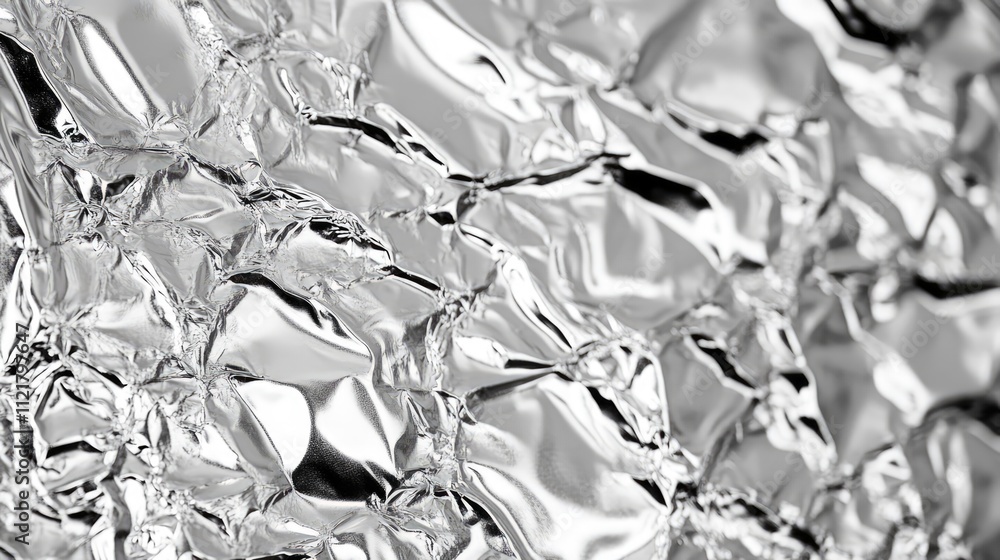 Poster closeup view of crumpled shiny silver foil texture for backgrounds and design projects