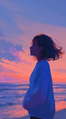 Girl Watching the Sunset by the Ocean, Anime Style Painting. Vibrant Anime Illustration.