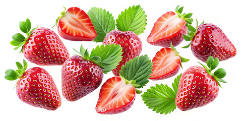 Plump strawberries are displayed with some whole and others halved, surrounded by bright green leaves. The vivid red color highlights their ripeness and freshness, perfect for desserts