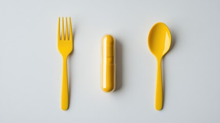 Yellow fork and spoon with a yellow capsule medicine on a white background representing nutrition and health concept