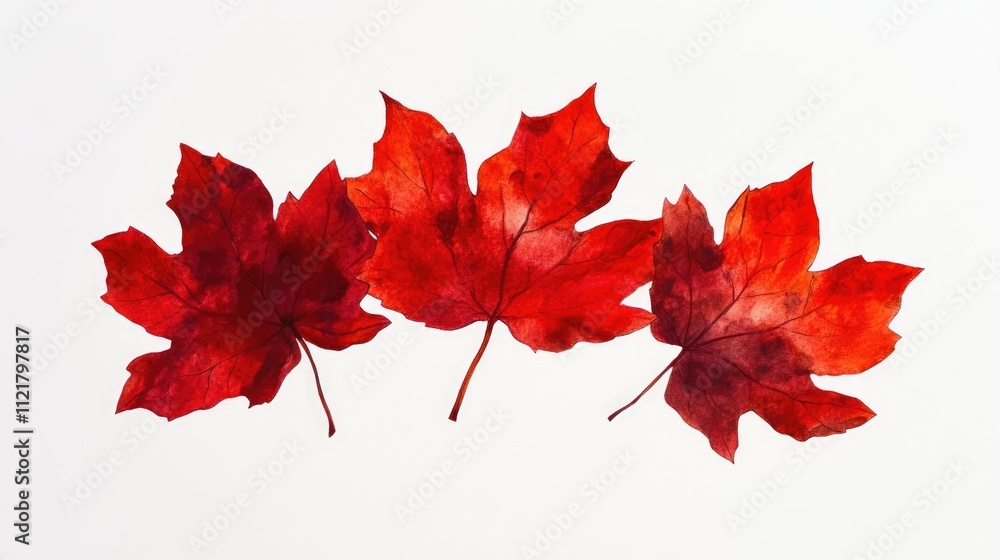 Poster three vibrant red maple leaves arranged with one inverted showcasing autumn colors against a clean w