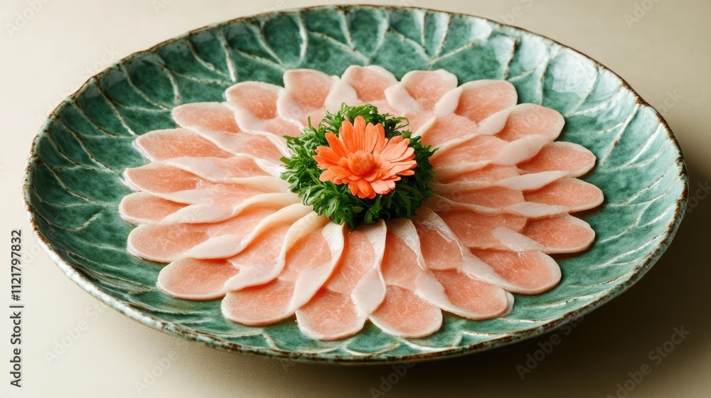 Poster thinly sliced pork artfully arranged in a floral pattern on a decorative ceramic plate with a vibran