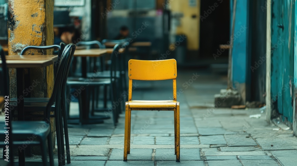 Aufkleber Bright yellow chair in a cozy cafe setting inviting customers to relax in a tranquil atmosphere with empty tables and charming surroundings.