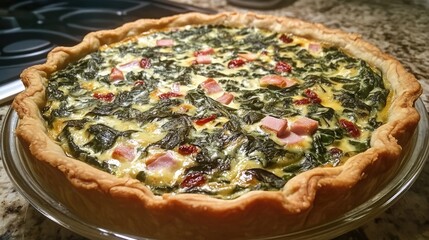 Savory spinach quiche with sun-dried tomatoes and ham on a rustic countertop setting