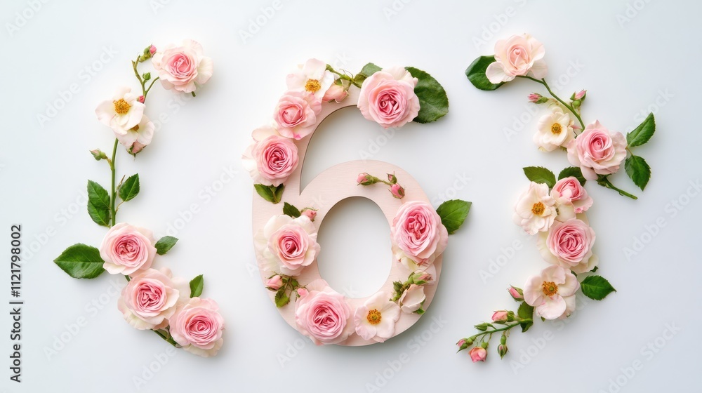 Poster pink roses arranged in the shape of the number six on a white background, creating an elegant floral
