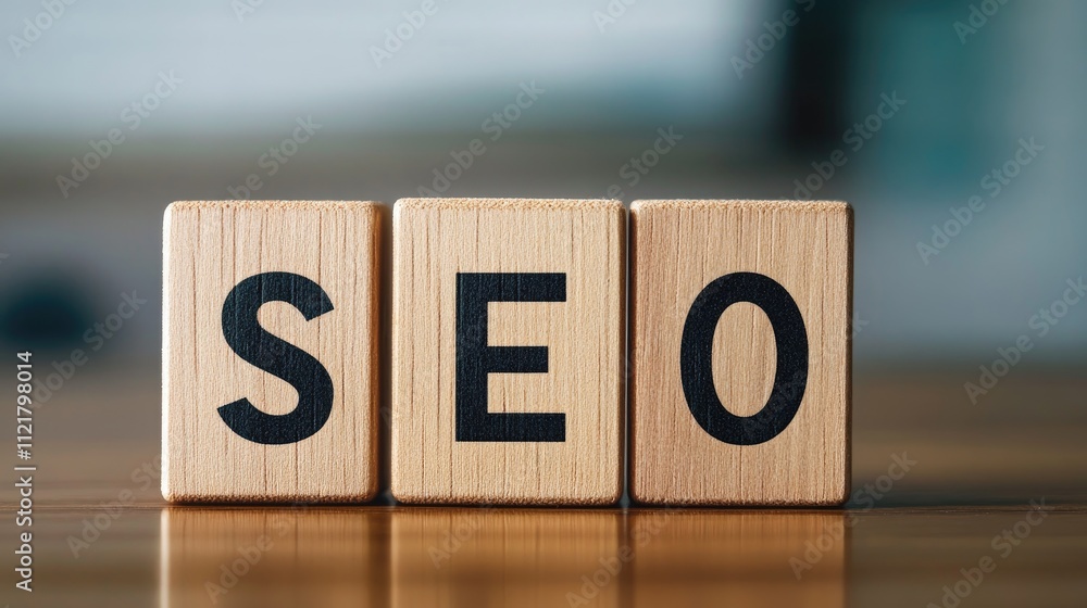 Poster wooden cubes displaying the letters seo on a table symbolizing search engine optimization strategies