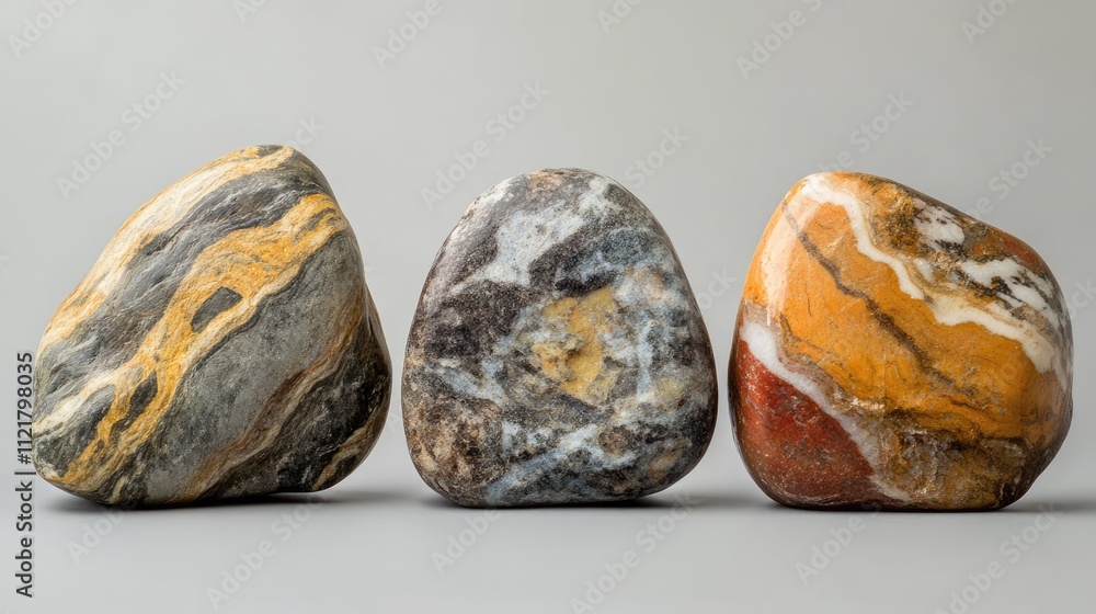 Poster three unique river stones with distinct patterns and colors arranged on a neutral background showcas