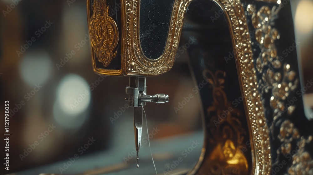 Poster sewing machine in action with thread expertly threaded through the needle showcasing intricate craft