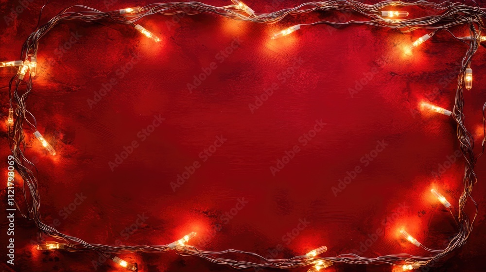 Aufkleber Top view of an empty frame adorned with warm holiday lights on a vibrant red background for festive and seasonal themes