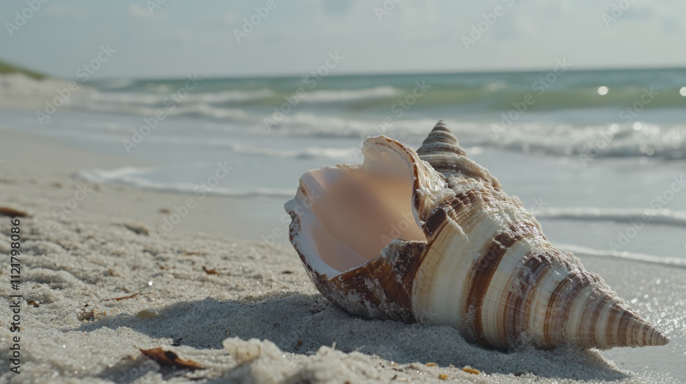 Aufkleber close-up of a beautiful seashell resting on sandy beach with gentle ocean waves in the background un