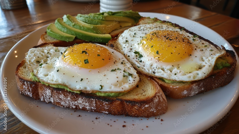 Aufkleber avocado toast with fried eggs served on rustic bread garnished with herbs and pepper