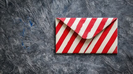 Decorative red and white striped envelope on a textured gray background for festive or seasonal correspondence themes