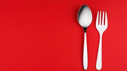 A spoon and fork on a red background for dining purposes.