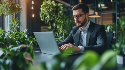 Financial analyst specializing in sustainable investments, analyzing eco-friendly portfolios in a sleek office, sustainable finance career, green investing