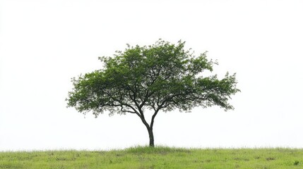 Obraz premium Silhouette of a solitary tree on a vast green field under a bright white sky showcasing nature's tranquility and simplicity