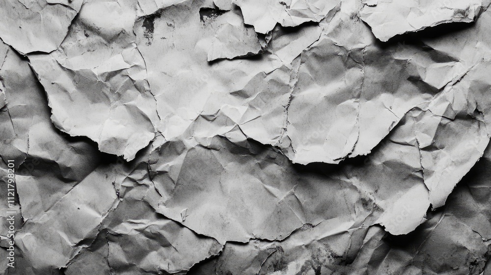 Poster crushed paper texture background showcasing wrinkles and creases in grayscale for artistic and desig