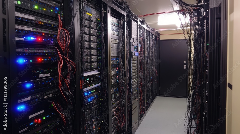Poster server room access management with secure login and password protocols displayed among complex serve