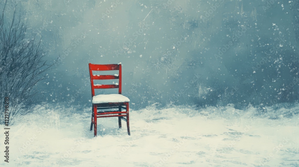 Poster red chair in a snowy landscape surrounded by falling snowflakes creating a serene winter ambiance wi