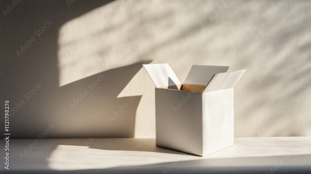 Aufkleber Minimalistic open white carton box casting a shadow on a soft backdrop showcasing natural light and subtle textures