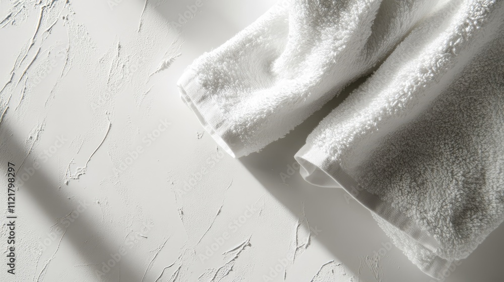 Poster White plush towels elegantly arranged on a textured white surface with soft shadows creating a serene and inviting atmosphere.