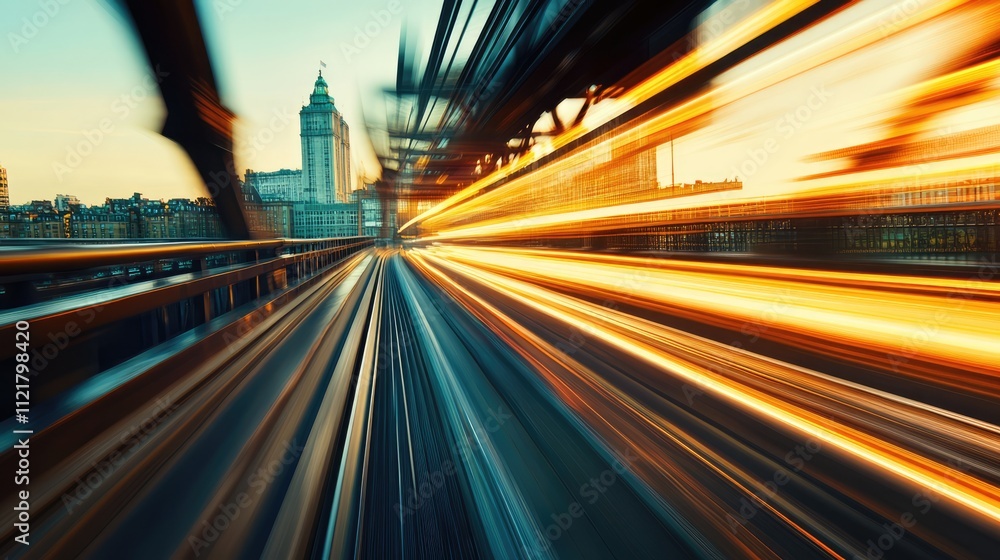 Poster dynamic cityscape bridge at sunset with motion blur vibrant colors and soft focus evoking speed and 