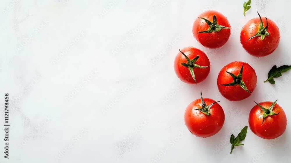 Aufkleber fresh red tomatoes arranged on a clean white background with green leaves showcasing vibrant colors 