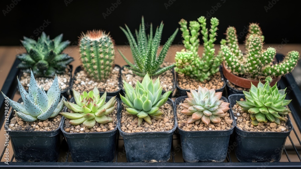 Poster assorted small succulent and cactus plants arranged in individual pots on a display shelf with a con