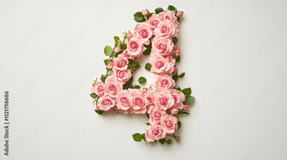 Poster delicate pink roses arranged in the shape of the number four on a clean white background for elegant