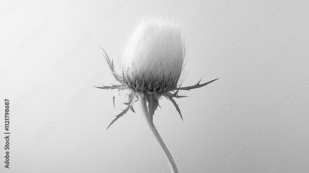 Poster Macro shot of thistle flower isolated on a white background capturing its delicate textures and intricate details in monochrome tones