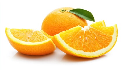 Fototapeta premium Freshly sliced oranges with green leaf on white background showcasing vibrant color and juicy texture in a fruit collection concept.