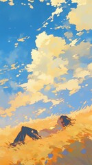 Serene Moment: Young Person Resting in Golden Field Under a Blue Sky. Vibrant Anime Illustration.