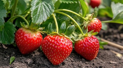 Ripe strawberries growing on green plants with rich soil background showcasing fresh farm produce and natural farming beauty