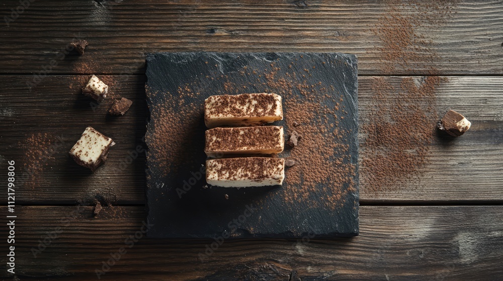 Poster delicious tiramisu slices presented on a slate board with cocoa dusting on rustic wooden background.