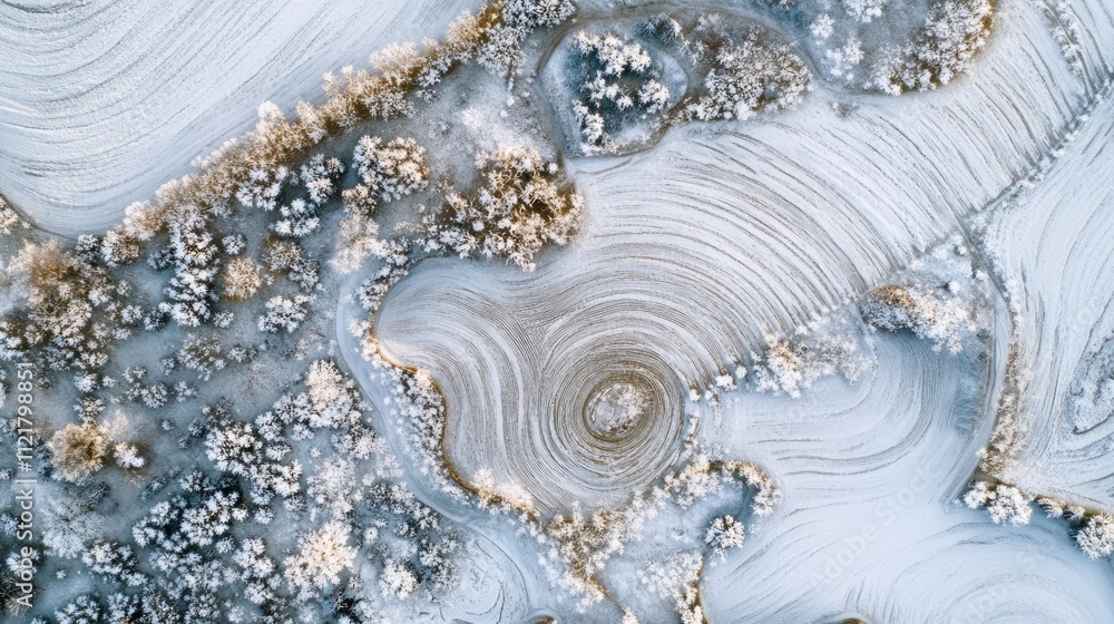 Poster Aerial view of snow-covered agricultural fields with intricate patterns and frozen vegetation in winter landscape