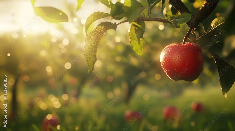 Poster fresh ripe red apple hanging on tree branch in sunlit orchard with soft bokeh background showcasing 