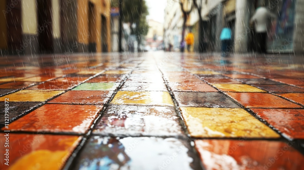 Poster colorful wet tiles reflecting rain on a vibrant urban street creating a moody atmosphere with people