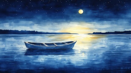 Moonlit night, lone boat, tranquil lake, starry sky.