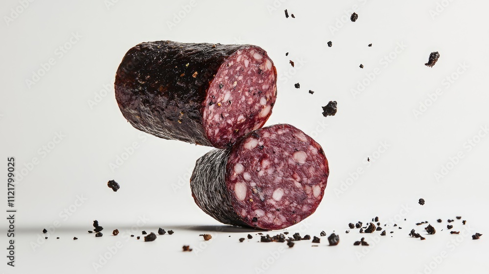 Poster smoked salami sausage slices floating on a white background with scattered black pepper pieces creat