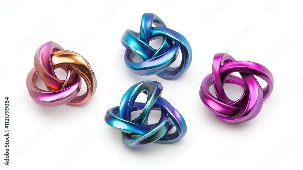 Poster colorful metal spinners in an abstract knot design displayed on a clean white background for creativ