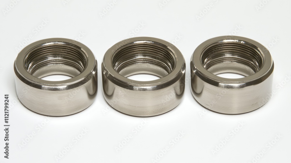 Poster three metallic machine bearings arranged on a clean white surface highlighting design and engineerin