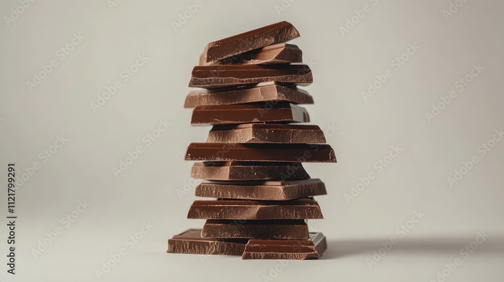 Poster stack of rich chocolate bars arranged neatly on a light textured surface for a delightful and tempti