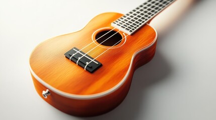 Orange ukulele on white background, close-up view showing detail of wood grain and strings.