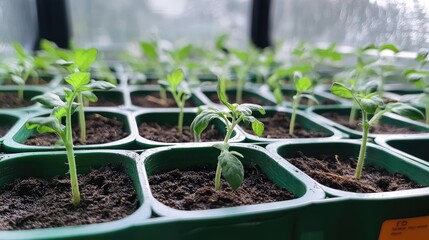 Tomato seedlings flourishing in green seedling trays under natural light indoors