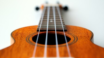 Fototapeta premium Close-up of a ukulele, showcasing its strings, soundhole, and body against a white background.