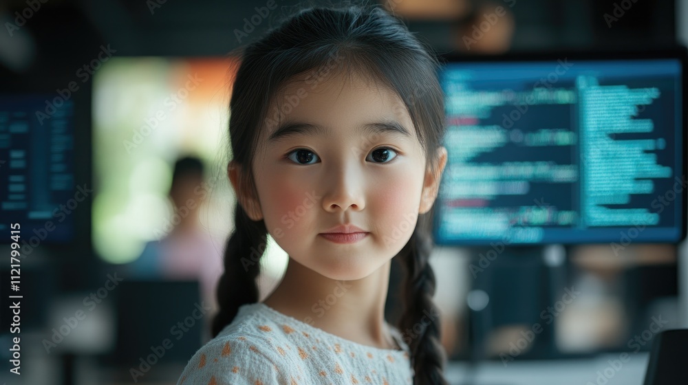 Poster multicultural girl engaged in coding lesson with focus on ai technology in a stem classroom setting 