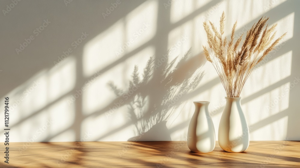 Aufkleber stylish minimalistic display of vases with dried flowers casting beautiful shadows on a wooden table