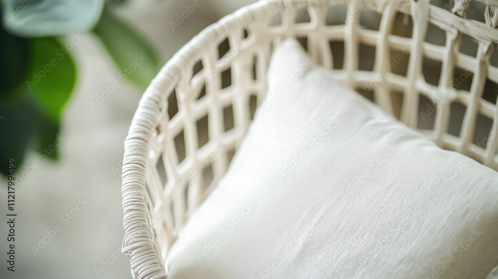 Poster cozy white wicker chair with soft cushion and blurred backrest ideal for modern interior decor and r